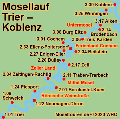 Landkarte Mosel: Moseltouren - Mosellauf von Trier entlang Bernkastel-Kues, Traben-Trarbach, Cochem bis Koblenz am Rhein.